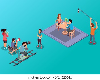 Isometric Vector Illustration Representing A Romance Film Making Process Carried Out By Two Actors, Director And The Crew