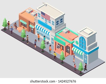 Isometric Vector Illustration Representing a Row of Various Stores or Shops with People Walking in Front of It