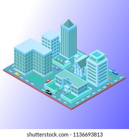 Isometric Vector Illustration Representing Small City with Buildings using Soft Color