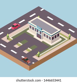 Isometric Vector Illustration Representing a Small Hotel Surrounded by Roads and Cars in a Town