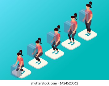 Isometric Vector Illustration Representing The Steps For How A Woman Lifts A Box As A Load From Kneeling To Standing