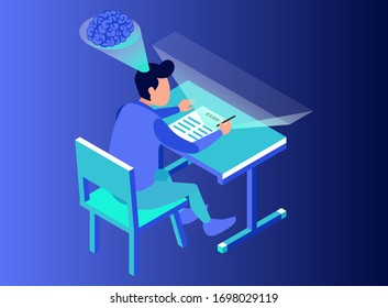 Eine Illustration der Vektorillustration, die einen Schüler repräsentiert, arbeitet an einem Schulprüfungsblatt auf einem Tisch