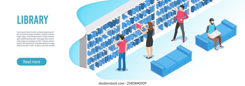 Isometric vector illustration representing students and young people searching and reading books on blue sofas and bookshelves inside a public library