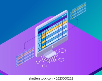 Isometric Vector Illustration Representing a Table with Columns in a Worksheet on a Computer Monitor Screen