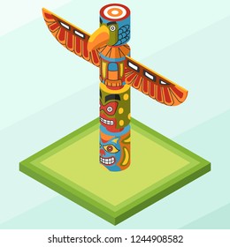 Isometric Vector Illustration Representing Totem Pole, Landmark Of Vancouver, Canada