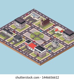 Isometric Vector Illustration Representing Town Center with City Square and Government Buildings Surrounded by Roads and Cars in a Town