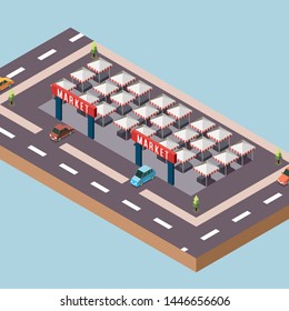Isometric Vector Illustration Representing a Traditional or Public Market with Tents Surrounded by Roads and Cars in a Town