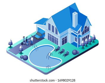 Illustration zur Vektorillustration der Villa, des Hauses und des Swimmingpools mit den Wirtsschütteln mit den Gästen