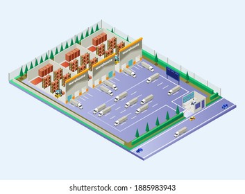 Isometric Vector Illustration Representing Warehouse Area Showing Distribution Flow with Load Trucks