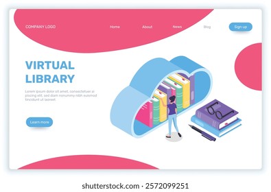 Isometric vector illustration representing a woman choosing a book in a virtual online library cloud computing storage, perfect for landing page website