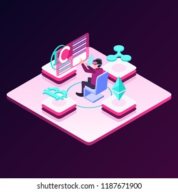 Isometric Vector Illustration Representing a Worker Wearing Virtual Glasses Sitting on a Chair Operating Floating Screen for Working on Crypt Currency