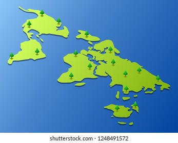 Isometric Vector Illustration Representing World Map with Some Trees on It