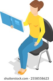 Isometric vector illustration representing a young student or teacher woman reading a book sitting on a chair, perfect for educational or learning concepts