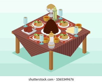 Isometric Vector Illustration Represents Arabic Dishes for Break Fasting on Ramadan
