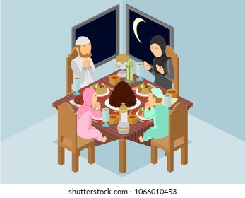 Isometric Vector Illustration Represents Muslim Arabic Family Having Breakfasting, Praying, and Worshiping