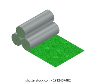 Isometric vector illustration roll green shingles bitumen roofing cover isolated on white background. Realistic shingles for roof covering vector icon in flat cartoon style. Construction material.