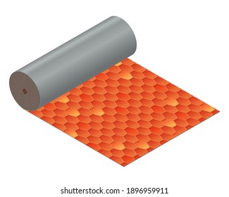 Isometric vector illustration roll red shingles bitumen roofing cover isolated on white background. Realistic shingles for roof covering vector icon in flat cartoon style. Construction material.