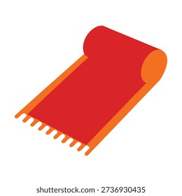 Isometric vector illustration of a rolled red carpet with an orange edge detail and fringed tassels. For luxury or event themes.