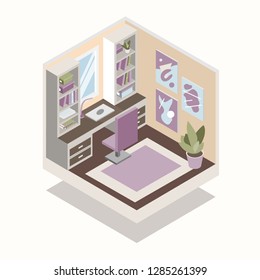 isometric vector illustration of room - cabinet with computer and work table