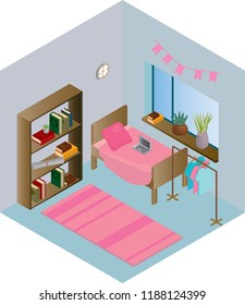 An isometric vector illustration of a room with pink elements.