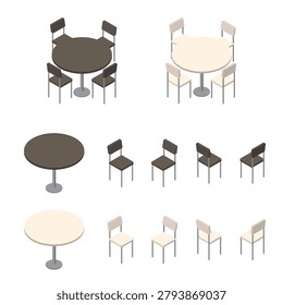 Isometric vector illustration of round cafe tables and chairs in light and dark colors isolated on white background