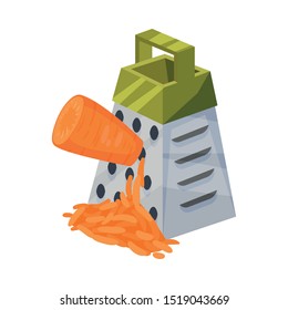 Isometric Vector Illustration Of Rubbing Carrot On A Grater With Green Handle