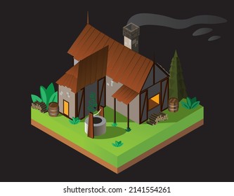 Isometrisches mittelalterliches Fantasy-Haus im Wald mit Rauchschornstein, Vektorgrafik