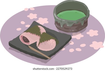 Isometric vector illustration of sakura mochi and green tea