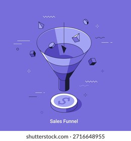 Isometric vector illustration with sales funnel diagram and dollar coin. Marketing, lead generation, and conversion concept. Digital business strategy for profit growth.