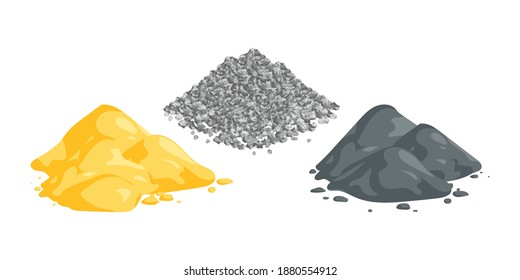 Isometric vector illustration sand, gravel and cement piles isolated on white background. Heaps of building materials vector icons in flat cartoon style. Construction and building materials.