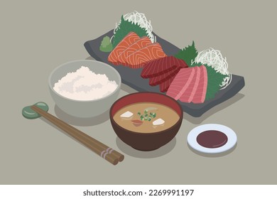 Isometric vector illustration of sashimi set meal