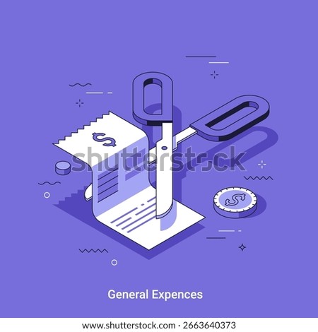 Isometric vector illustration with scissors cutting a long receipt with a dollar sign on it. Concept of cutting general expenses for business finance for web design and presentation