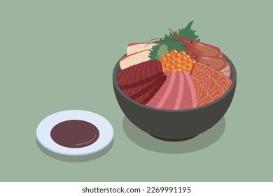 Isometric vector illustration of a seafood bowl