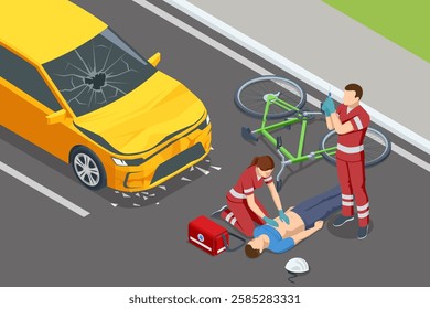 An isometric, vector illustration of a serious accident between a bicycle and a car. A paramedic performs CPR on an injured cyclist while another prepares medical aid.