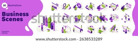 Isometric vector illustration. Set of 20 business scenes with people, charts, and technology. Modern flat design for business growth, data analysis, and innovation concepts.