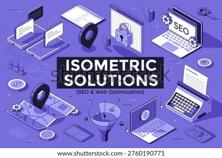 Isometric vector illustration set of business conceptual elements for web optimization and search engine ranking. Website traffic analysis, digital strategy, online security and marketing data tools.