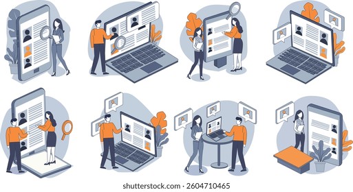 Isometric vector illustration set depicting online profile searching and review concepts. Features isometric scenes of people using magnifying glasses to examine digital profiles displayed on laptops