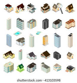 Isometric Vector illustration set of homes, hotels and apartments.
Generic residential homes, hotels and renting accommodation properties.
Houses, hotels and Apartments.