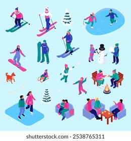 Isometric vector illustration set - people enjoying winter activities, including kids and adults sledding, ice skating, building snowmen, and having snowball fights