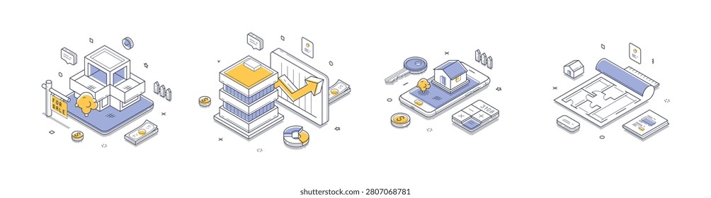 Isometric vector illustration set for real estate business and financial analytics. Concepts for property investment, market growth, online search, and architectural planning for modern web banners