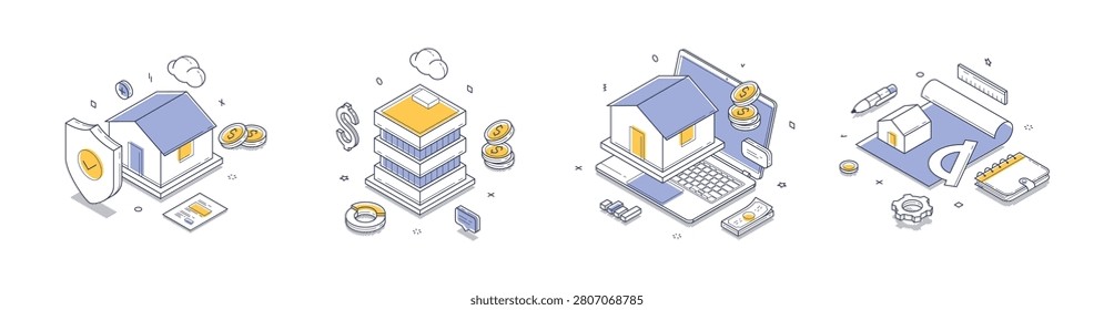 Isometric vector illustration set for real estate services. Concepts for property insurance, banking, online mortgage, and architectural design for web banners and business infographics