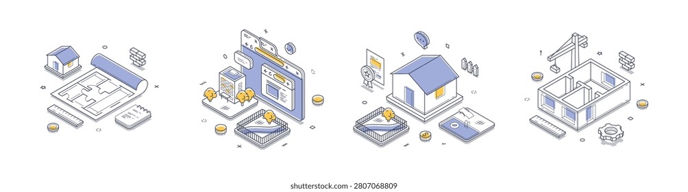 Isometric vector illustration set for real estate and construction. Concepts for architectural planning, urban development, and online property search for web banners and business infographics