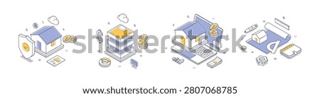 Isometric vector illustration set for real estate services. Concepts for property insurance, banking, online mortgage, and architectural design for web banners and business infographics