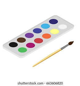 Isometric vector illustration set of watercolor paints and paintbrush for painting.