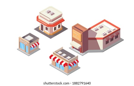 Isometric vector illustration of a shop and restaurant building. Perfect for design elements from business promotions, shopping commercial, and sales. Modern and flat isometric illustration set.