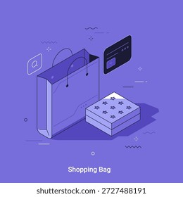Isometric vector illustration with shopping bag and gift box with credit card on purple background. Online retail and commerce concept for webpage.