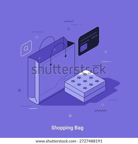 Isometric vector illustration with shopping bag and gift box with credit card on purple background. Online retail and commerce concept for webpage.