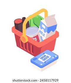 Isometric vector illustration of a shopping basket with various groceries, set against a white background, depicting the concept of retail