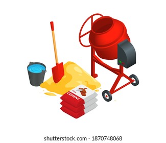 Isometric vector illustration shovel, pile of sand, bags of cement, bucket of water and concrete mixer isolated on white background. Construction and building materials and tools cartoon vector icons.