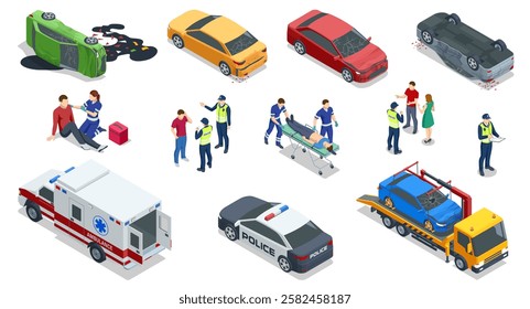 Isometric vector illustration showing an accident scene with an ambulance, police, injured victims, overturned cars, and authorities assessing the situation